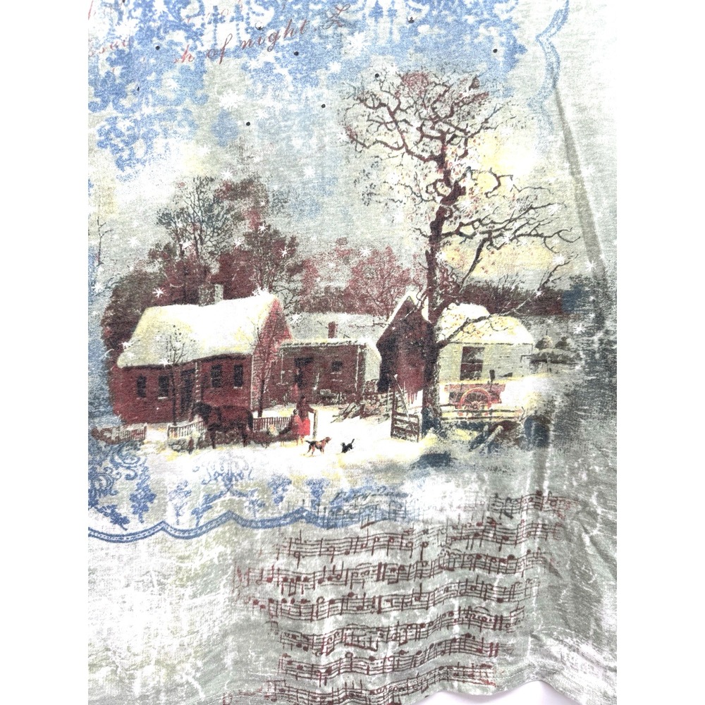 Holiday Editions Winter Barn Music Note Snow Motif 3/4 Sleeve Top Large Holiday